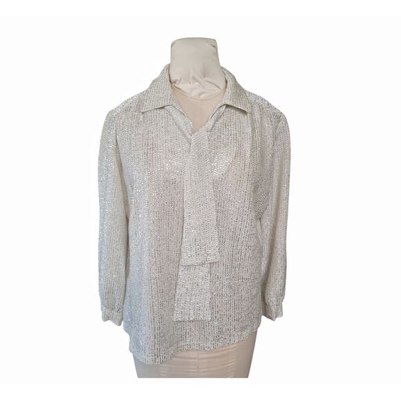 MY KINDA GAL Vintage Metallic Top Size 10 Silver Cream Loose Fit Blouse Belt - Picture 5 of 13